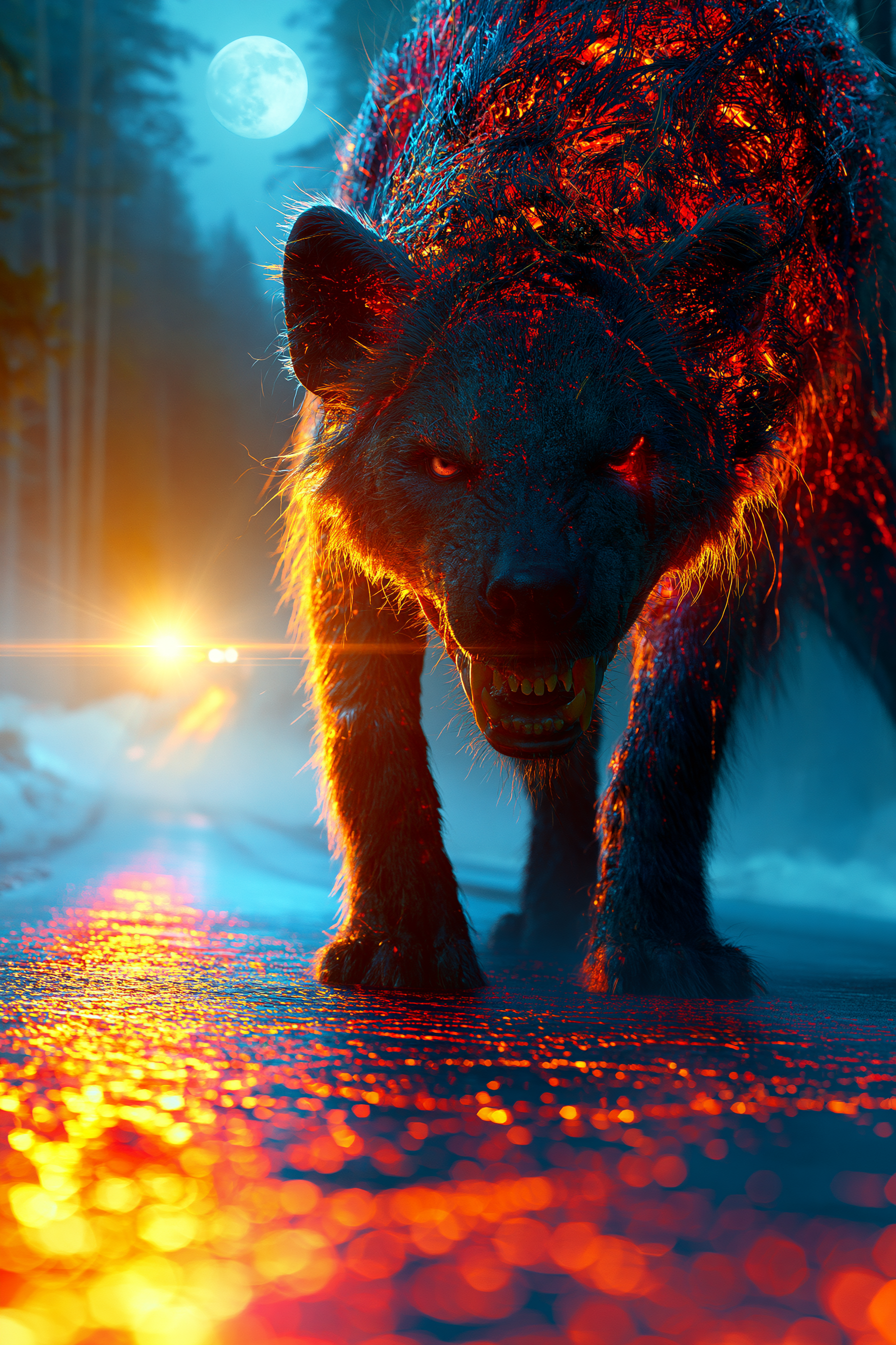 Moonlit Hyena Monster on a Mountain Road