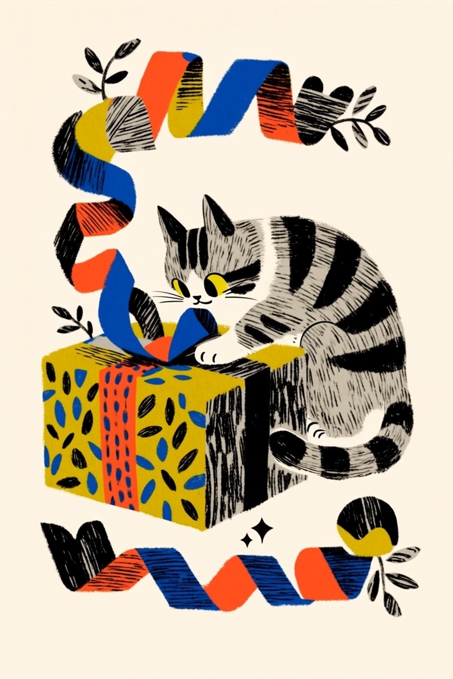 Kitten Playing with a Christmas Gift Ribbon