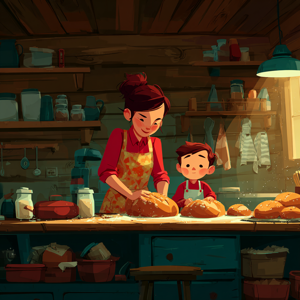 Mère et fils faisant du pain dans une cuisine en bois