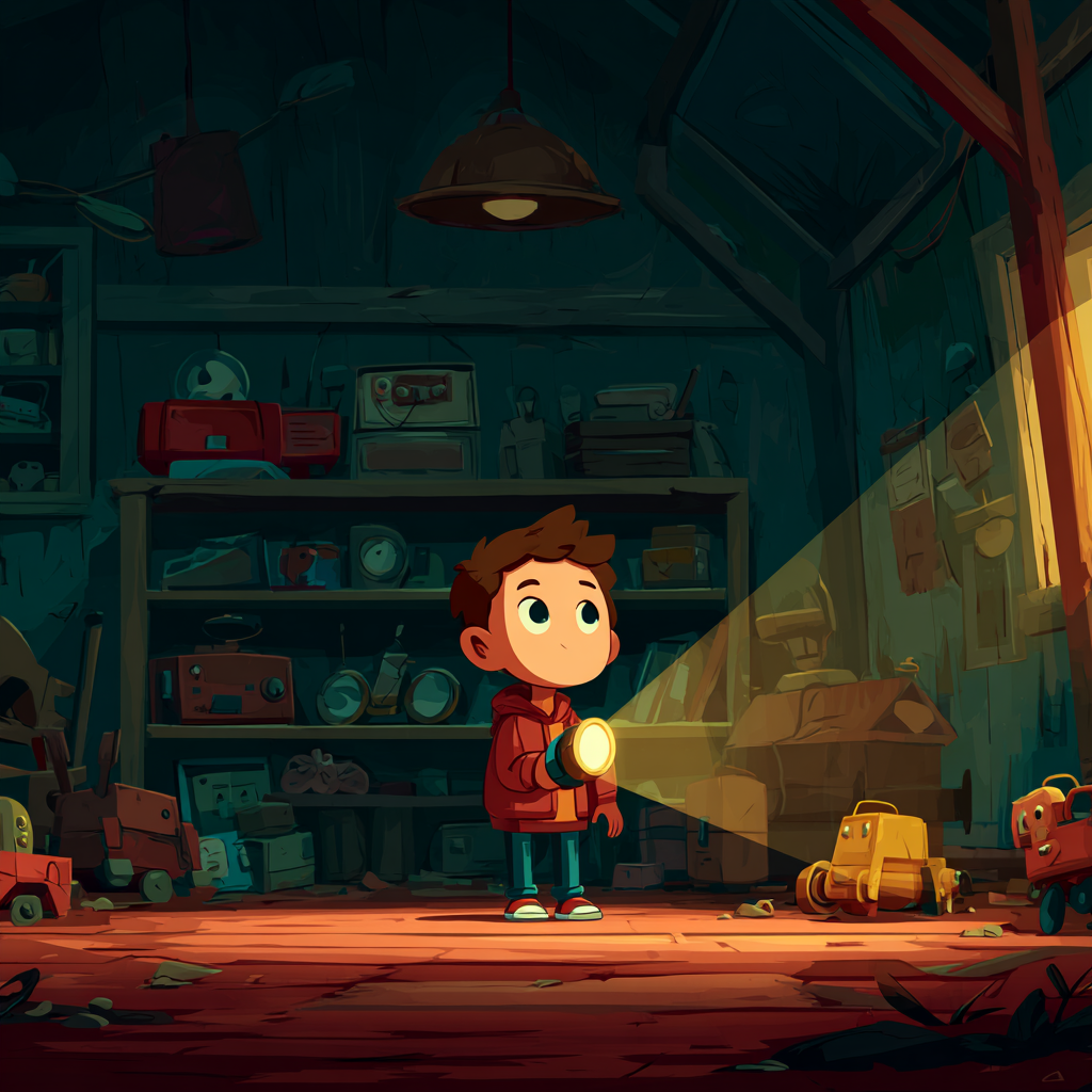 Child Exploring a Memory-Filled Attic by Flashlight