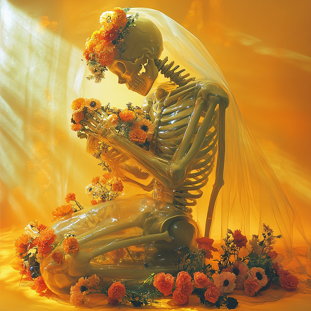 Flower-Bearing Skeleton Woman Behind a Veil