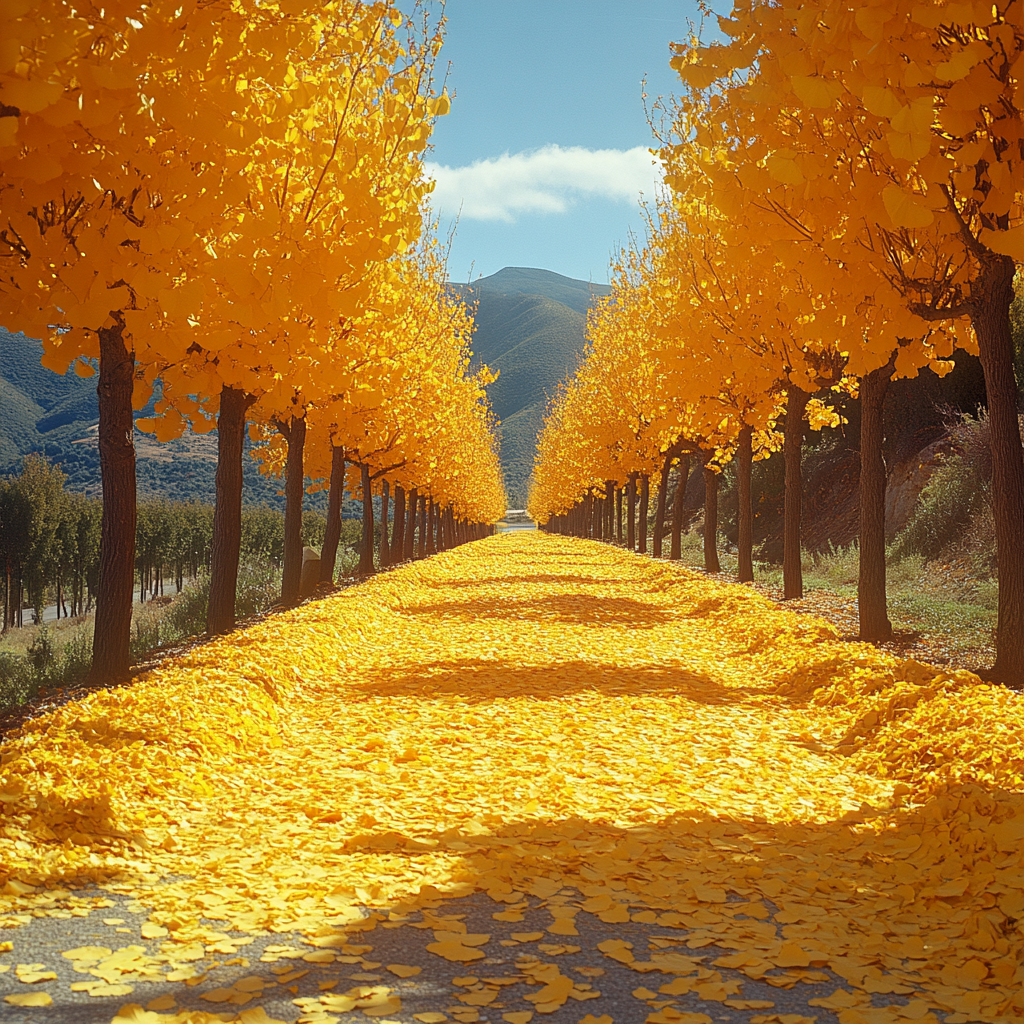 Route dorée bordée de ginkgos dans la Napa Valley