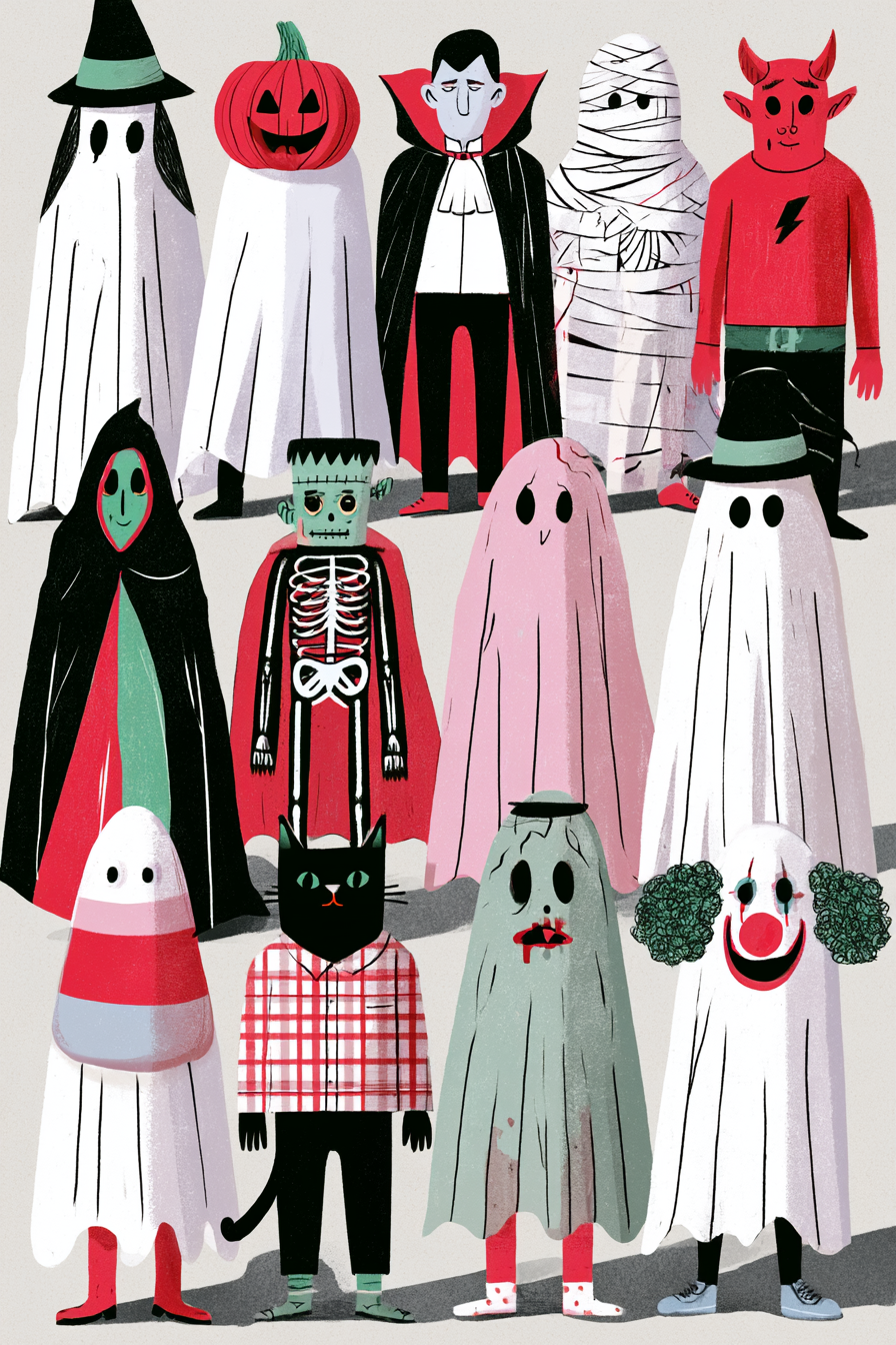 Douze fantômes costumés en rangées d’Halloween
