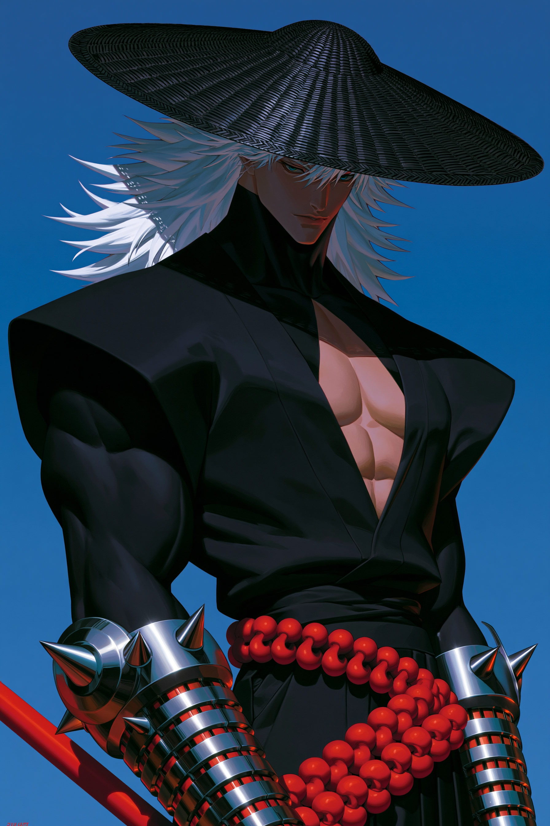 White-Haired Warrior in a Stylized Straw Hat