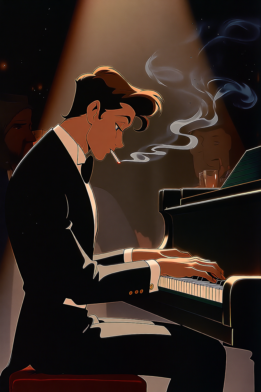 Melancholy Pianist in a Smoky Jazz Bar