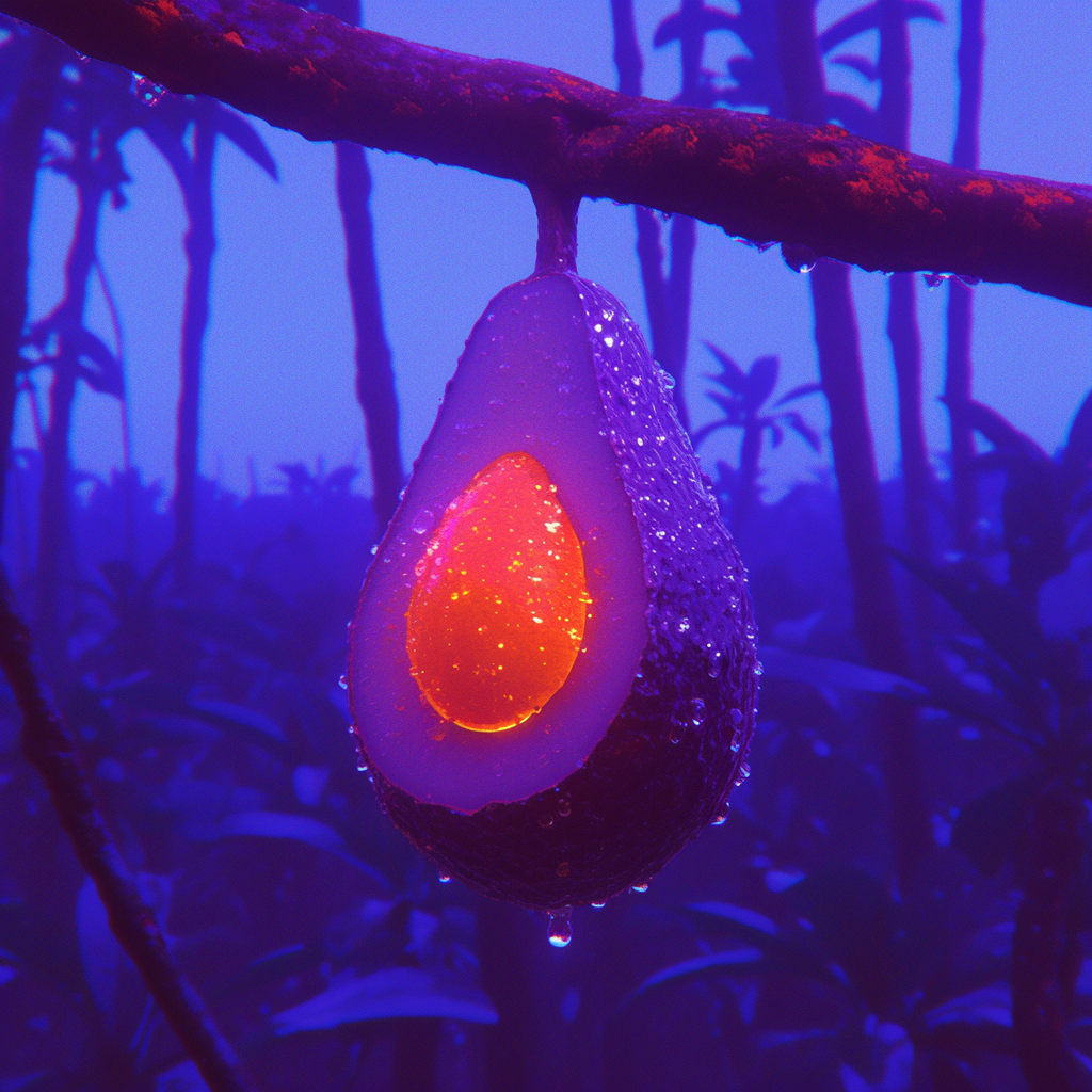 Bioluminescent Dewy Avocado on a Branch