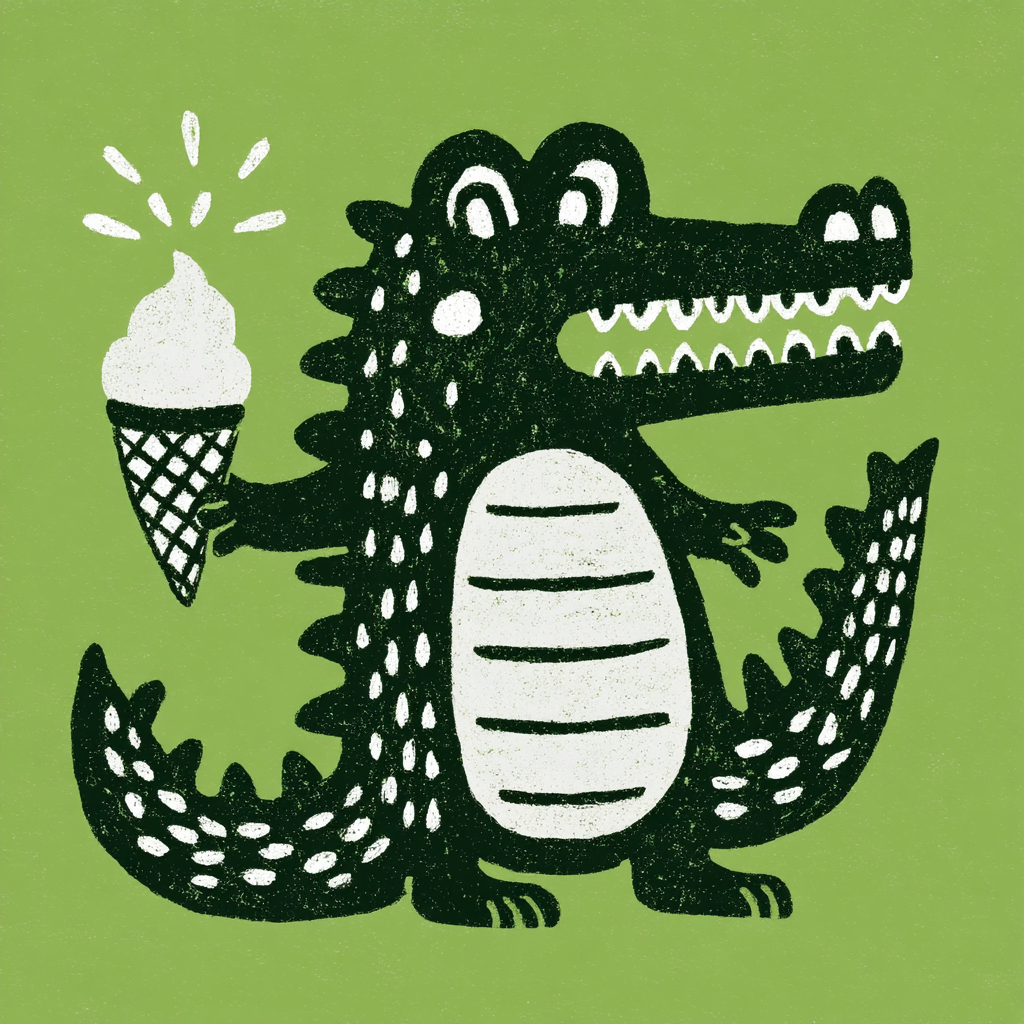 Vintage Crocodile Mascot with Melting Ice Cream