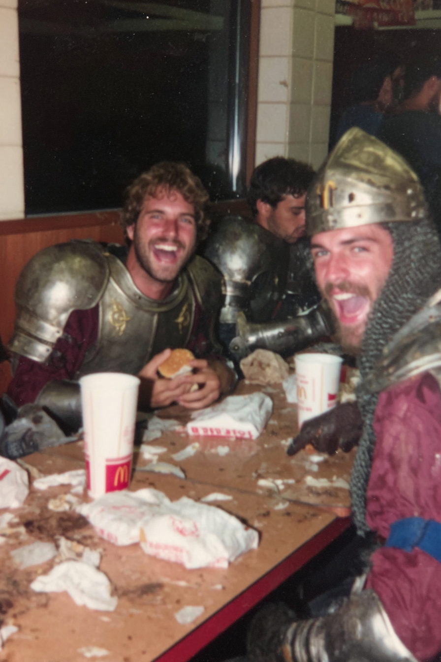 Exhausted Medieval Knights at a Late-Night Fast-Food Booth