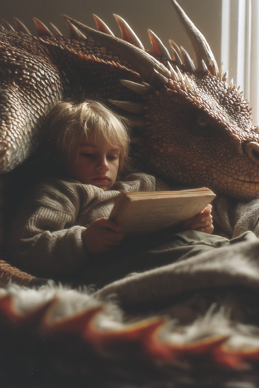 Hobbit Reading beside a Dragon