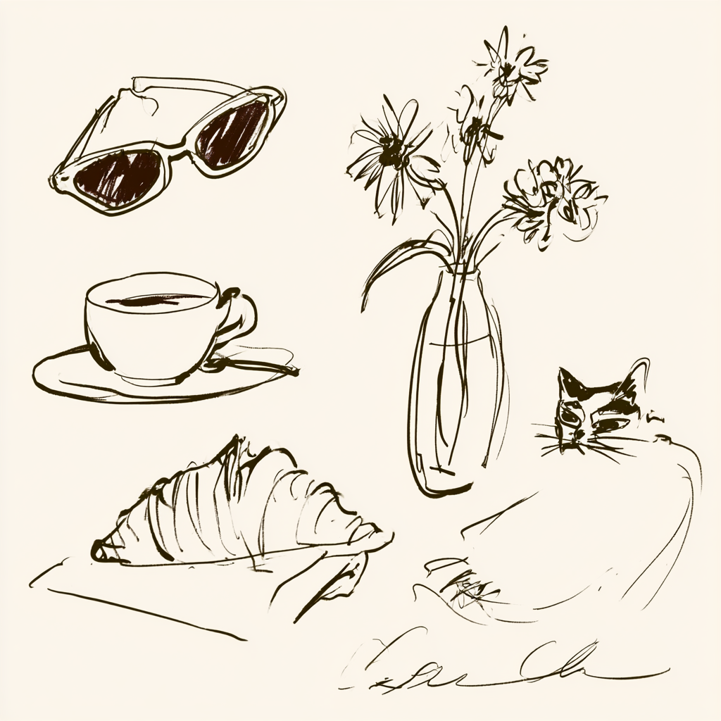 Tiny Sunglasses, Coffee, Flowers, Croissant, Cat on Cream
