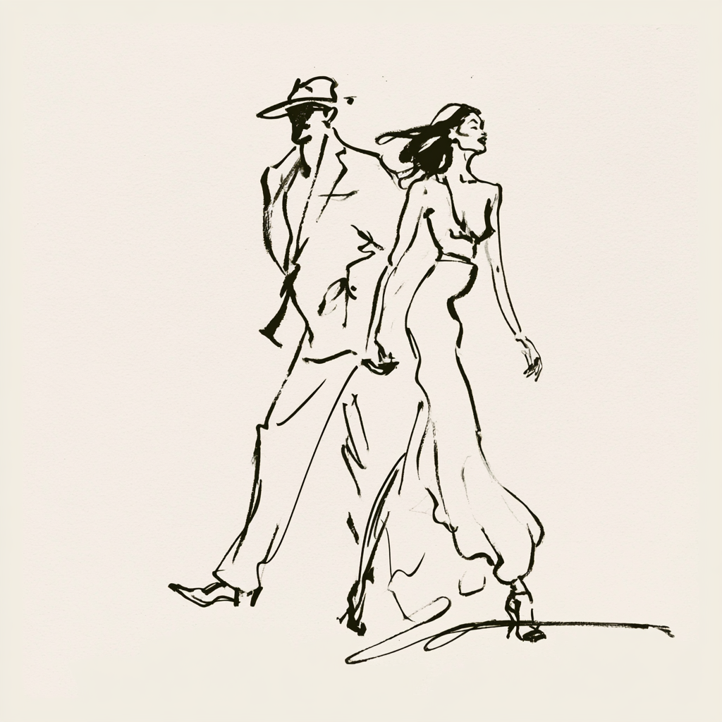 Two Walkers on White, Brushstroke Line Art