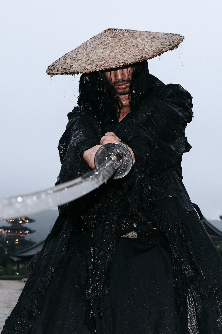 Rain-Soaked Ronin Beneath a Full Moon
