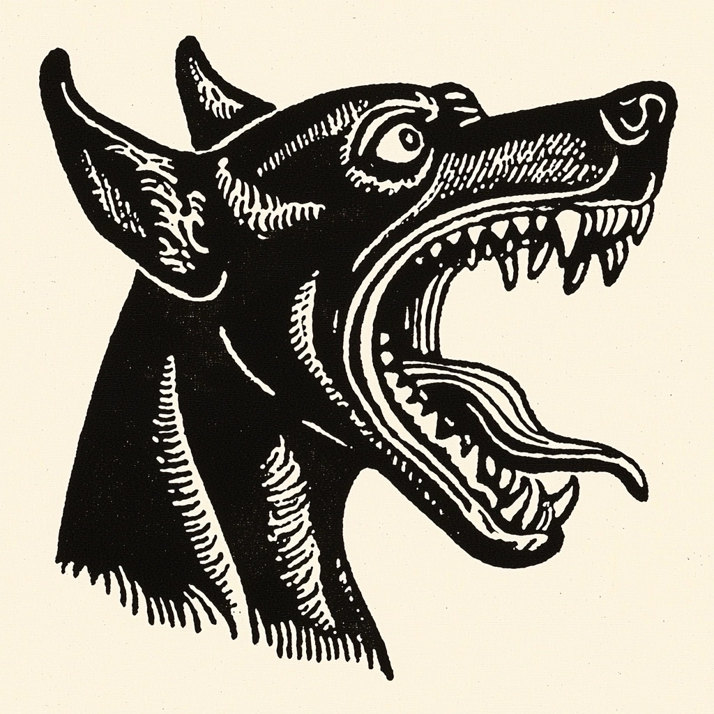 Barking Doberman in Pointillist Shadows