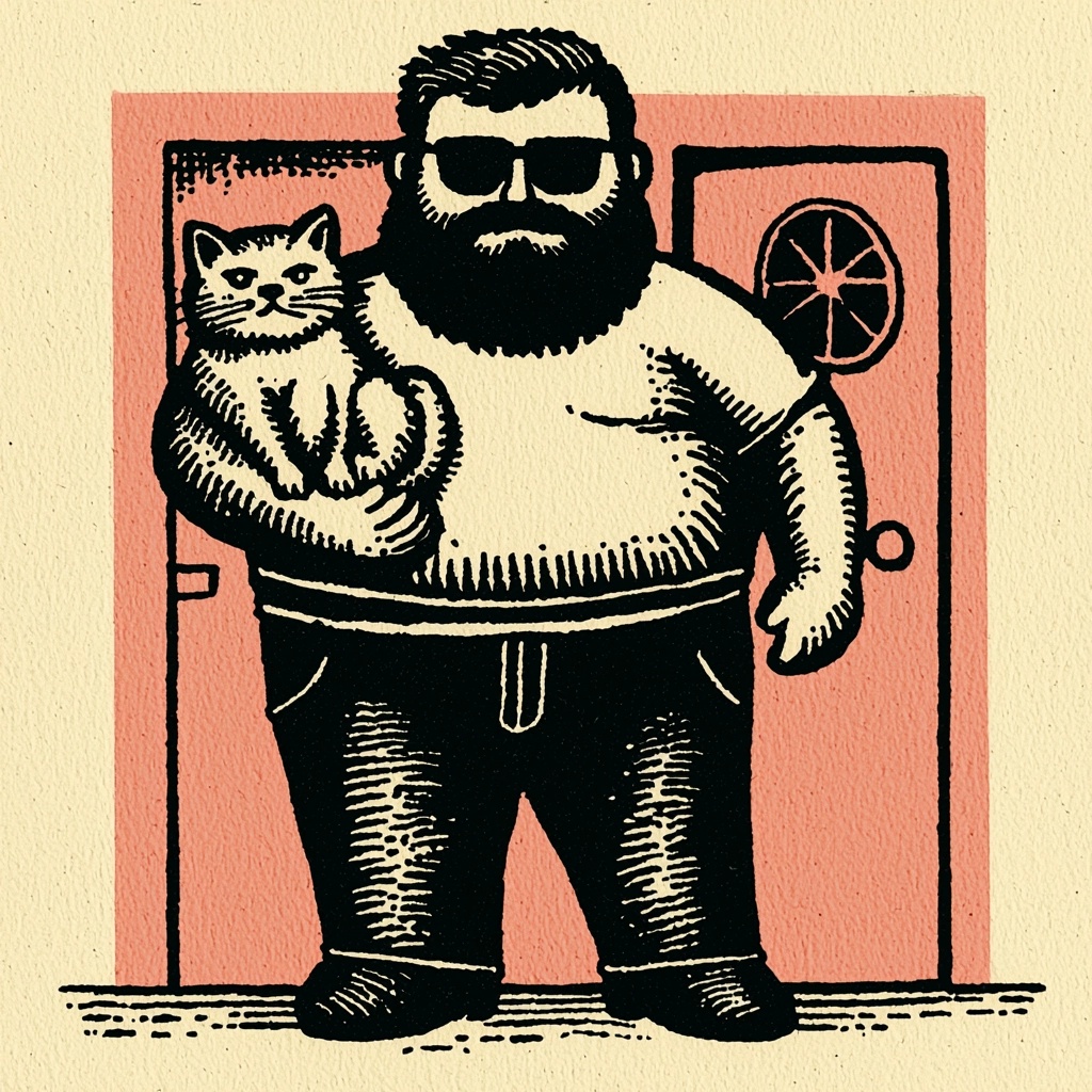Furry Man Holding a Cat by a Pink Door