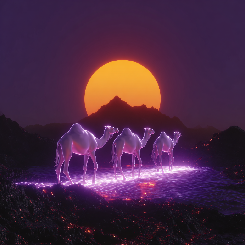 Holographic Camel Caravan in a Neon Desert
