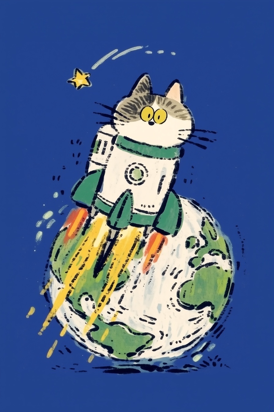 Stirnrunzelnde Katze fliegt in einer Rakete von der Erde fort