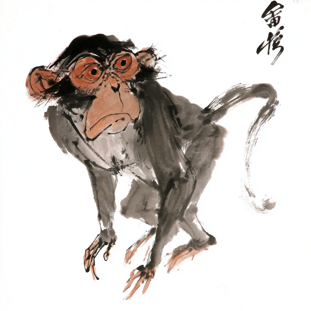 Thick-Line Ink Monkey with a Huge Head - Midjourney Prompt