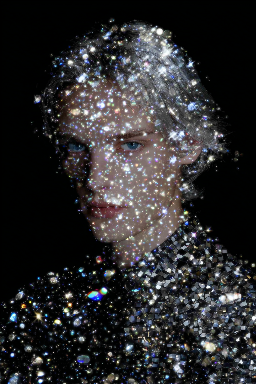 Silver-Haired Man Surrounded by Rainbow Light