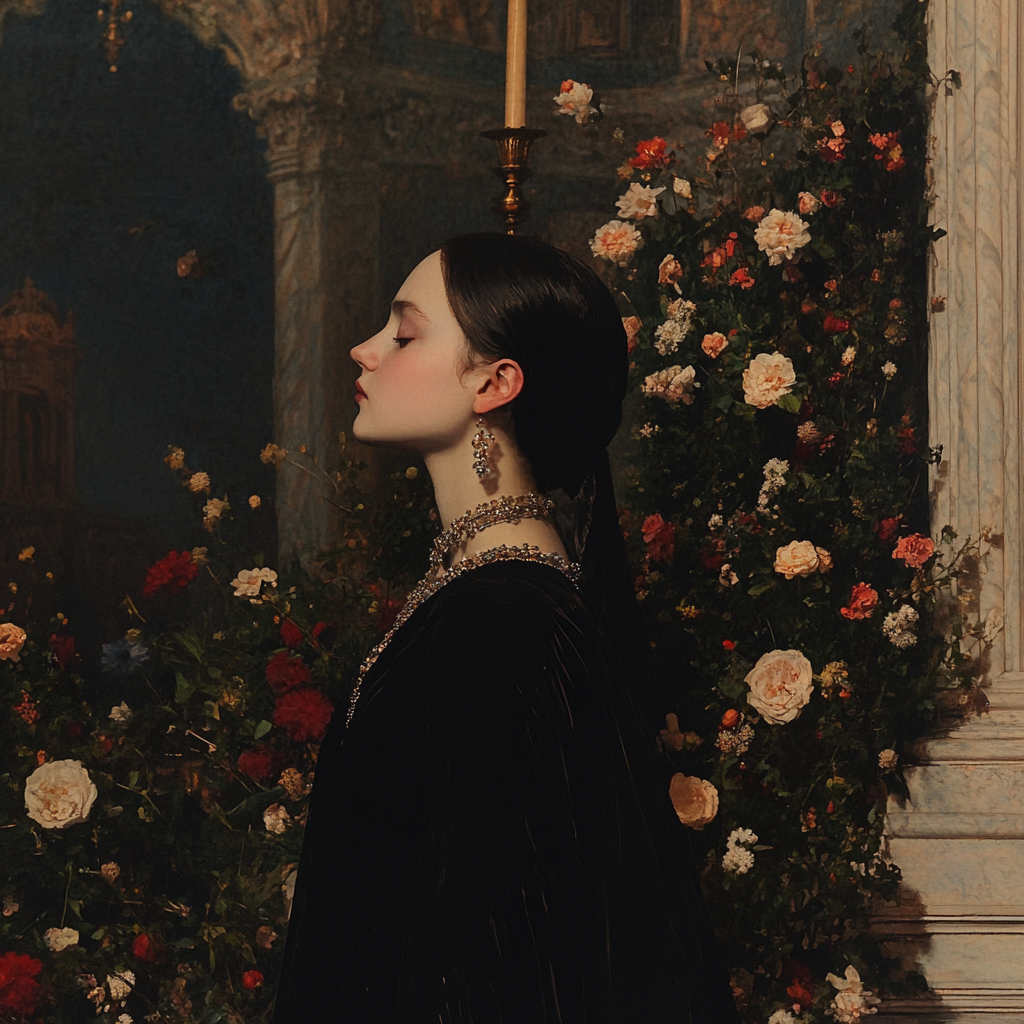 Girl's Profile Among Palace Flowers