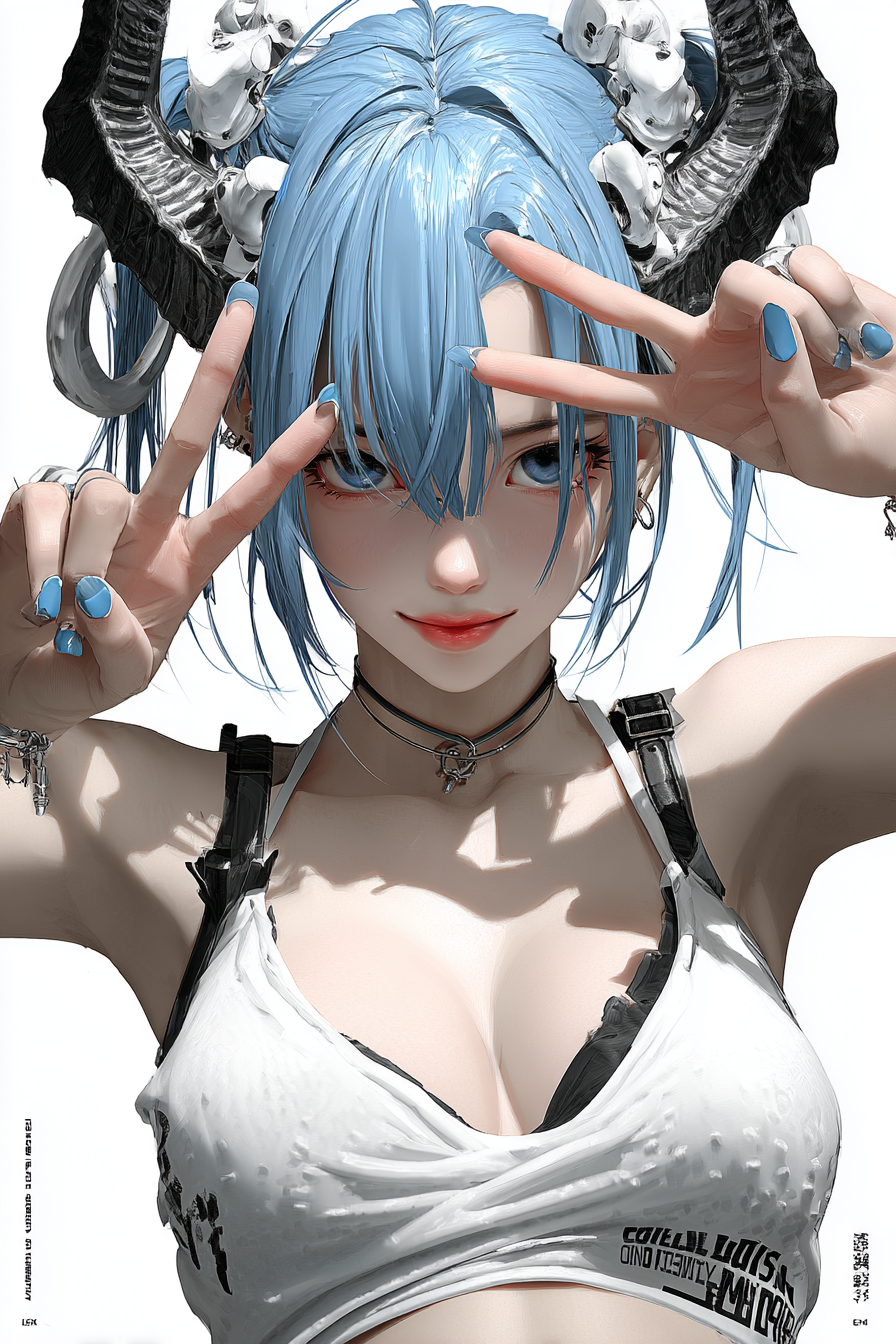 Blue-Haired Demon Girl Making a Peace Sign
