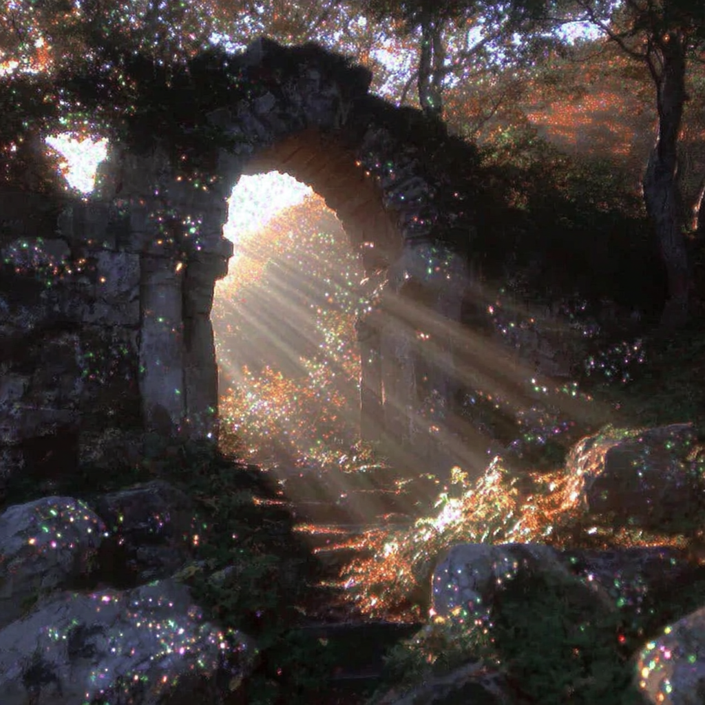 Golden Light Through an Ancient Forest Arch