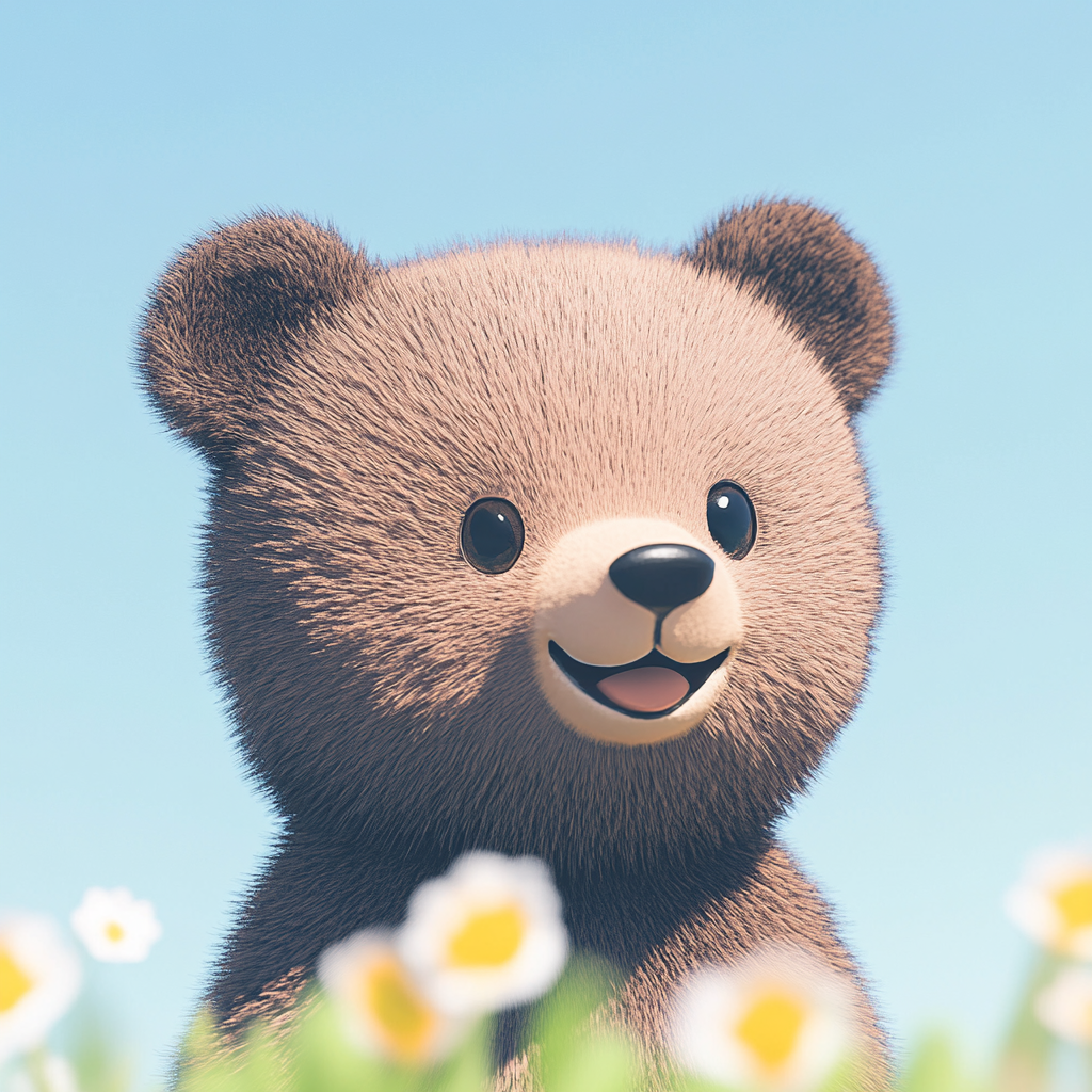 Smiling Bear Cub among Spring Flowers