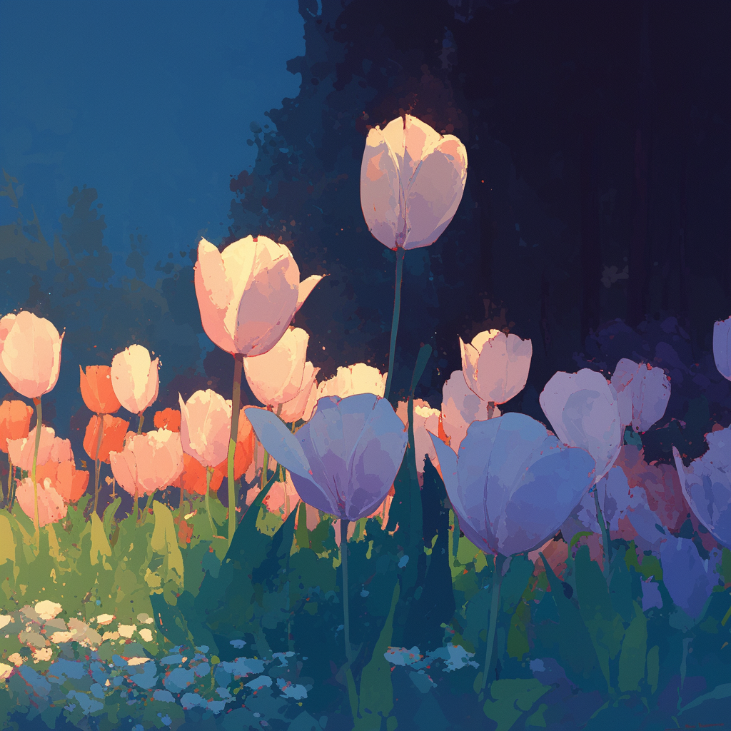 Impasto-Tulpen in einem violetten Feld