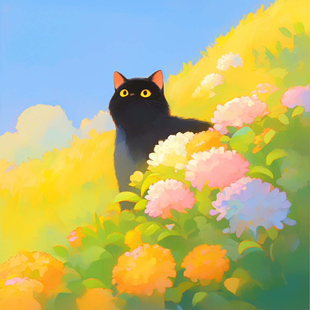 Retro Black Kitty in a Sunny Flower Field