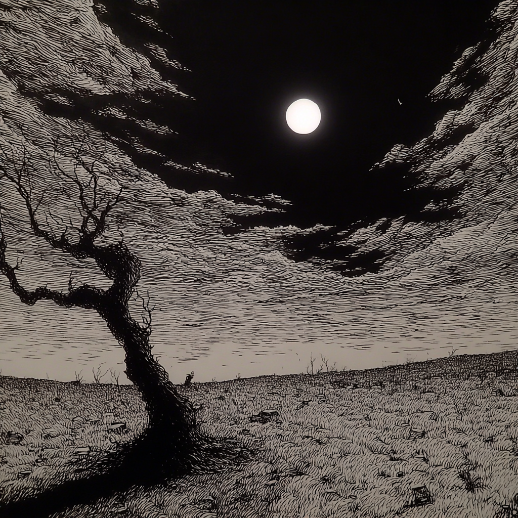 Verdrehter Baum unter weißem Mond
