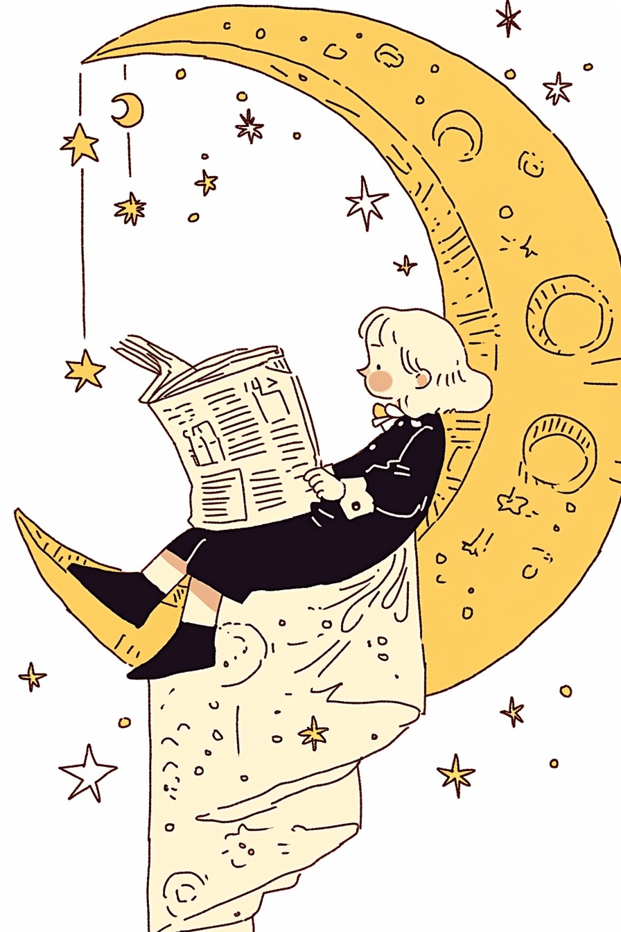 Cartoon Reader Sitting on the Moon