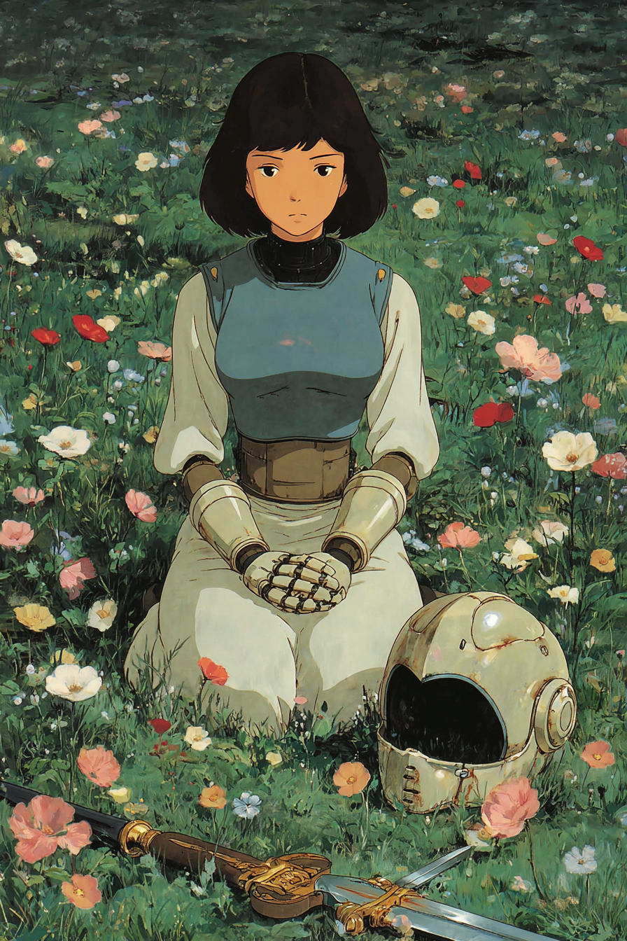 Cyborg-Frau im Blumenfeld mit leuchtendem Schwert