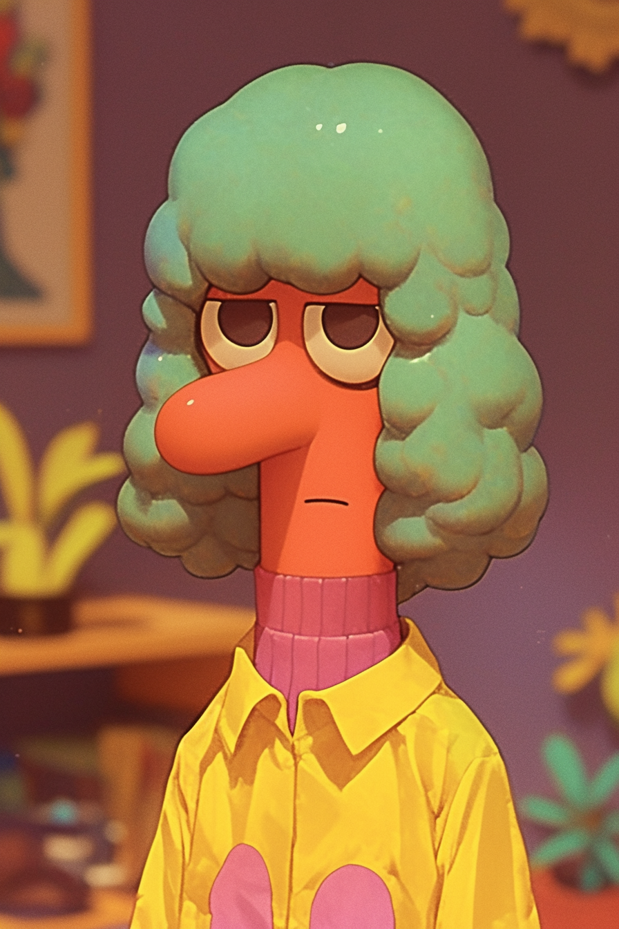 Red Cartoon Sausage with Neon Green Hair