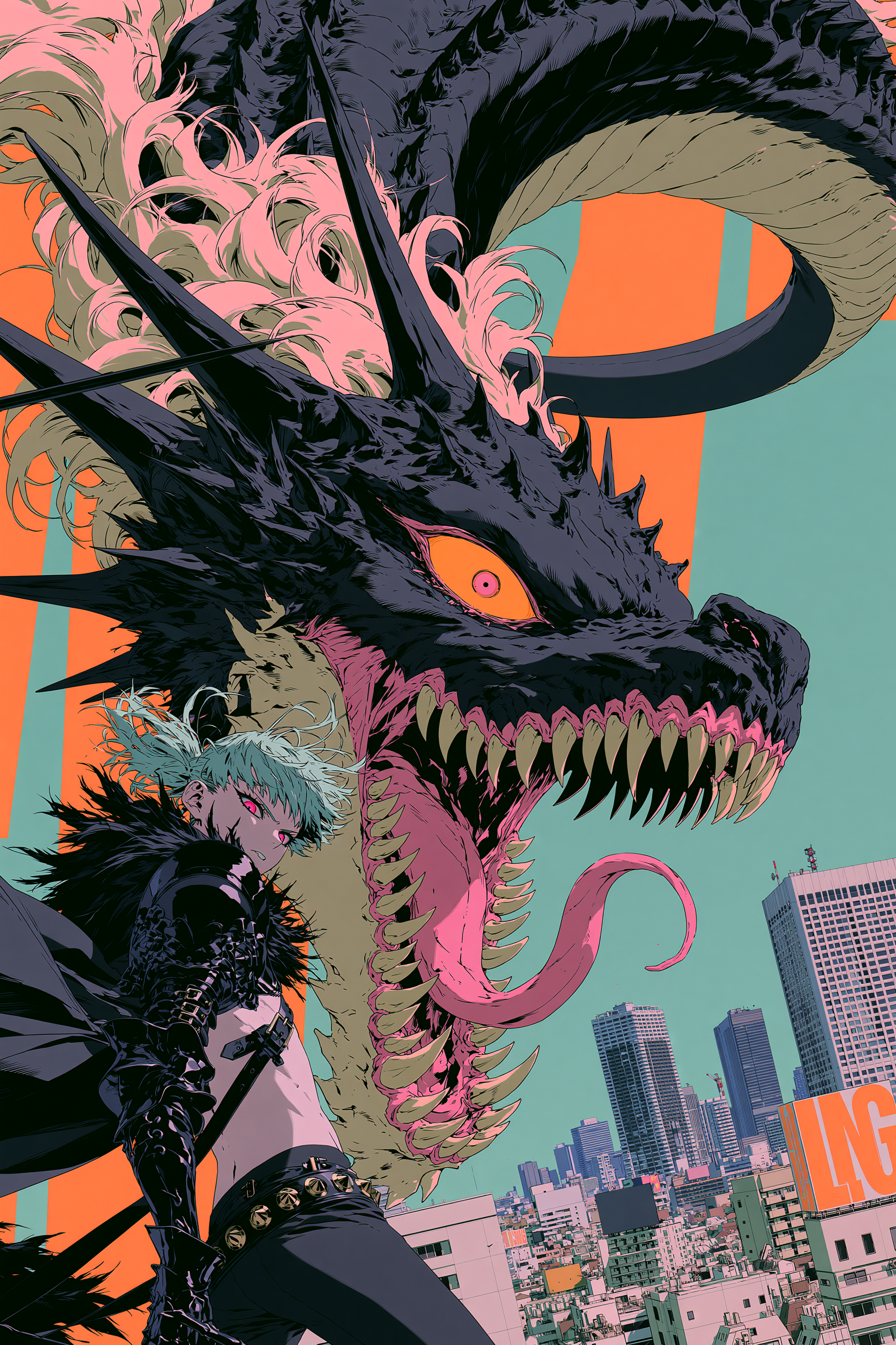 Knight Fighting a Dragon Before the City