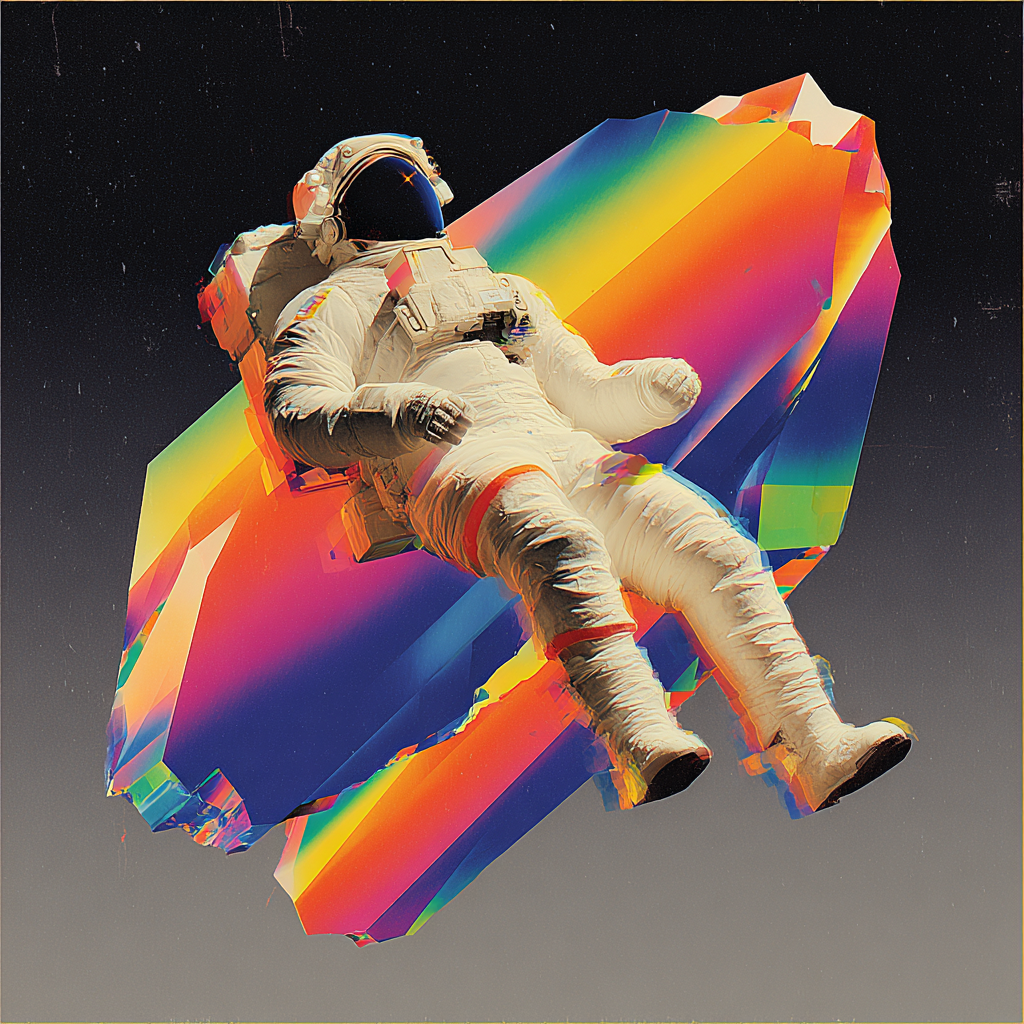 Astronaut Near a Fractured Rainbow Monolith