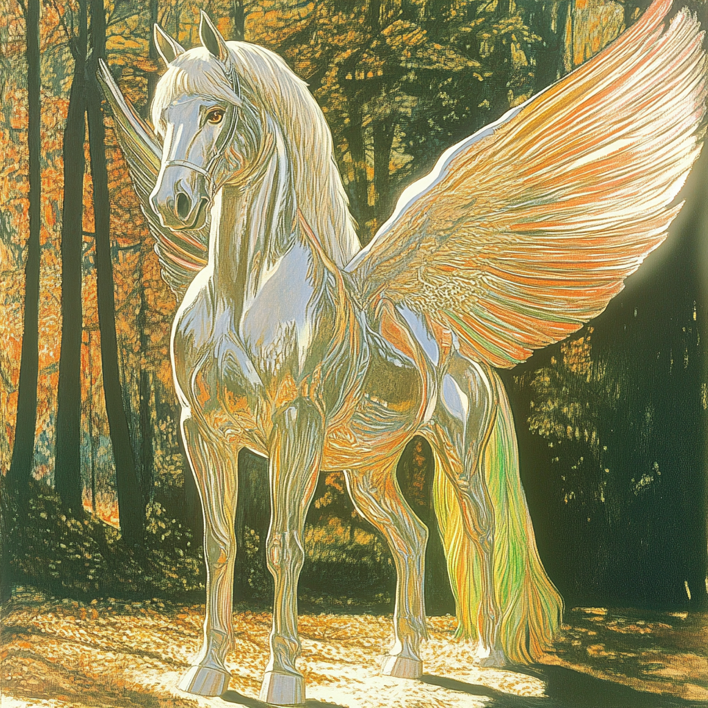 Rainbow-Winged White Horse in a Mystic Forest