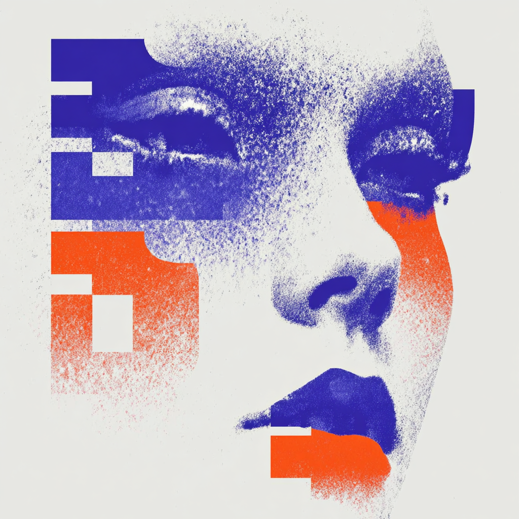 Cybernetic Face Dissolving into Orange-Blue Glyphs