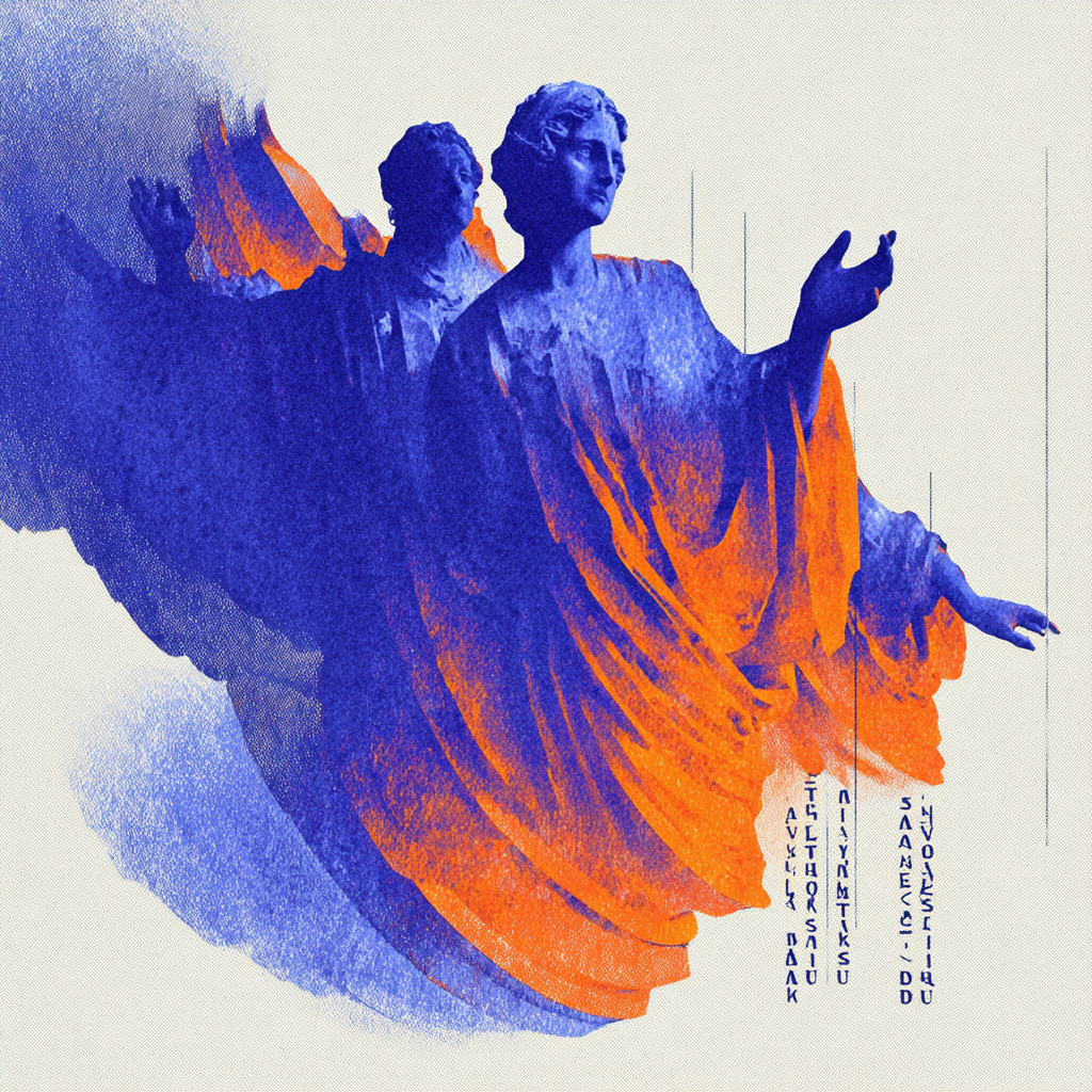Floating Statues Amid Warped Kinetic Type