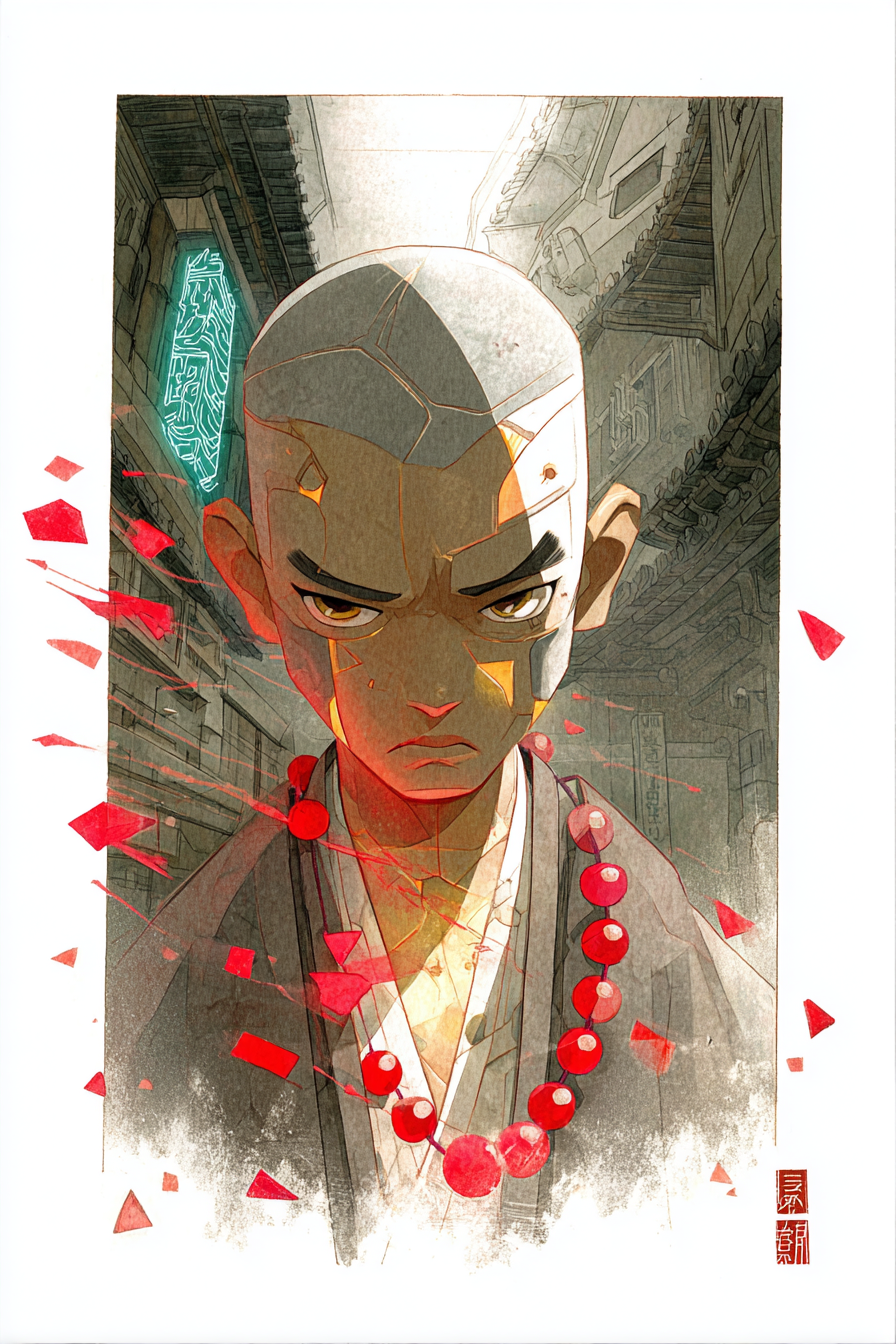 Cybernetic Monk with Holographic Prayer Beads