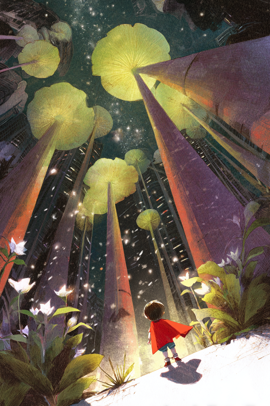 Red-Caped Child Beneath Giant Mushrooms