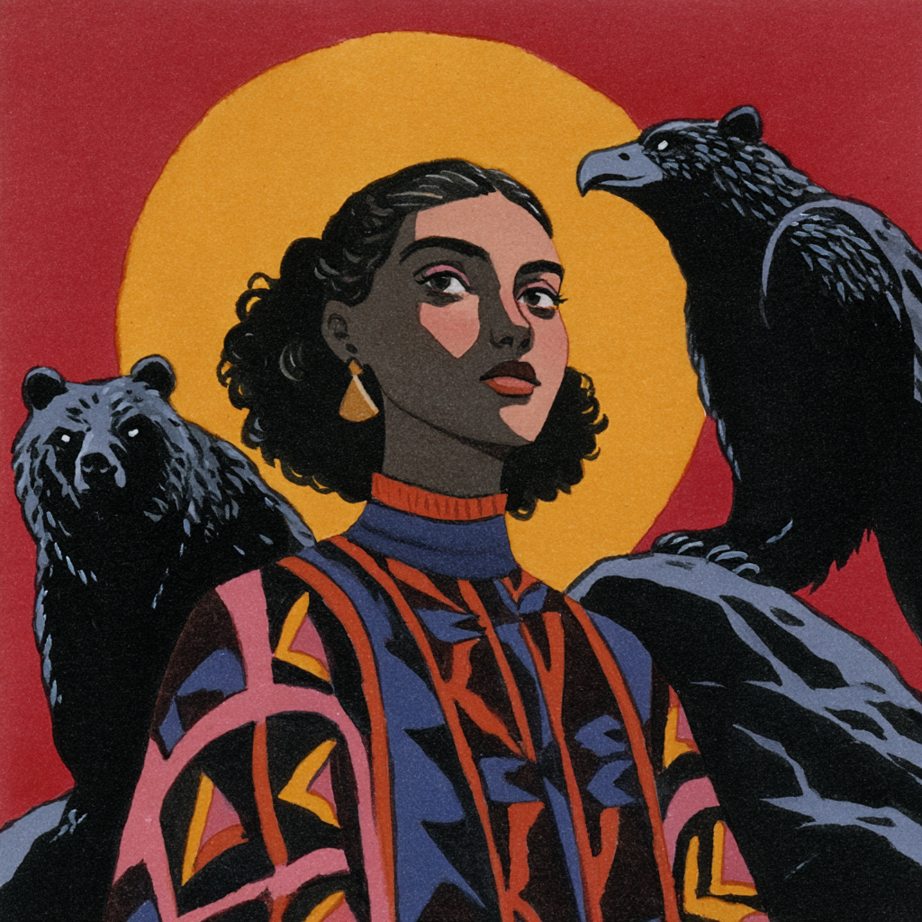 Woman with Bear and Hawk Beneath a Cracked Sun
