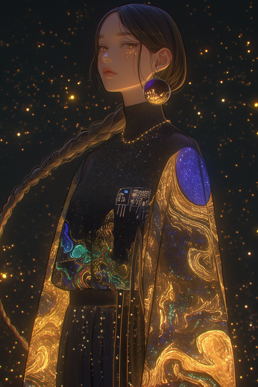 Mode japonaise futuriste sous des étoiles dorées