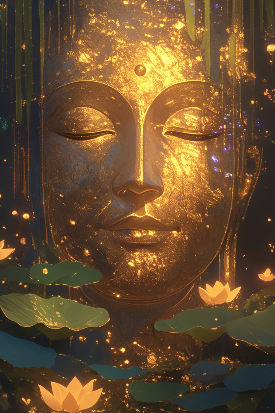 Golden Buddha amid Lotus and Chakra Light