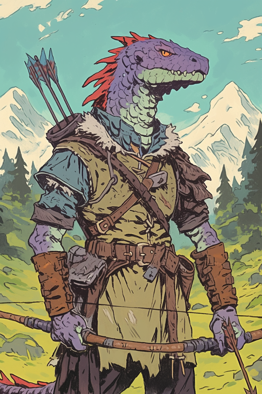 Red-Scaled Yuan-ti Hunter in the Snowy Mountains