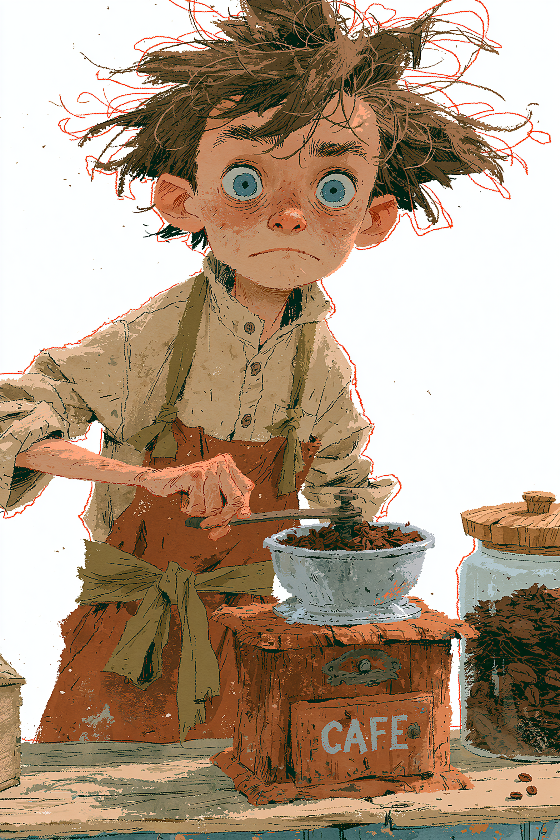 Watercolor Boy Barista Grinding Coffee
