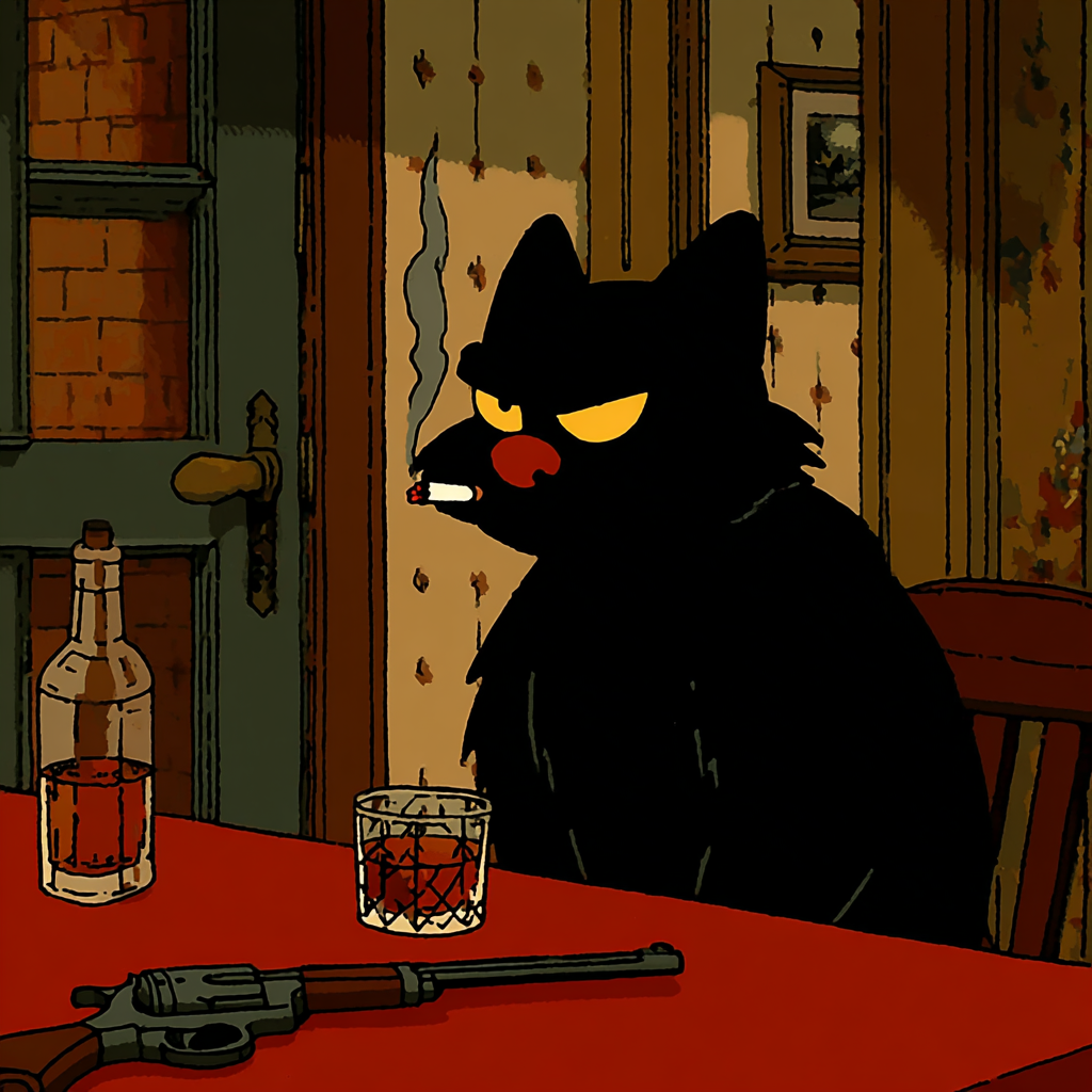 Smoking Black Cat at a Noir Table