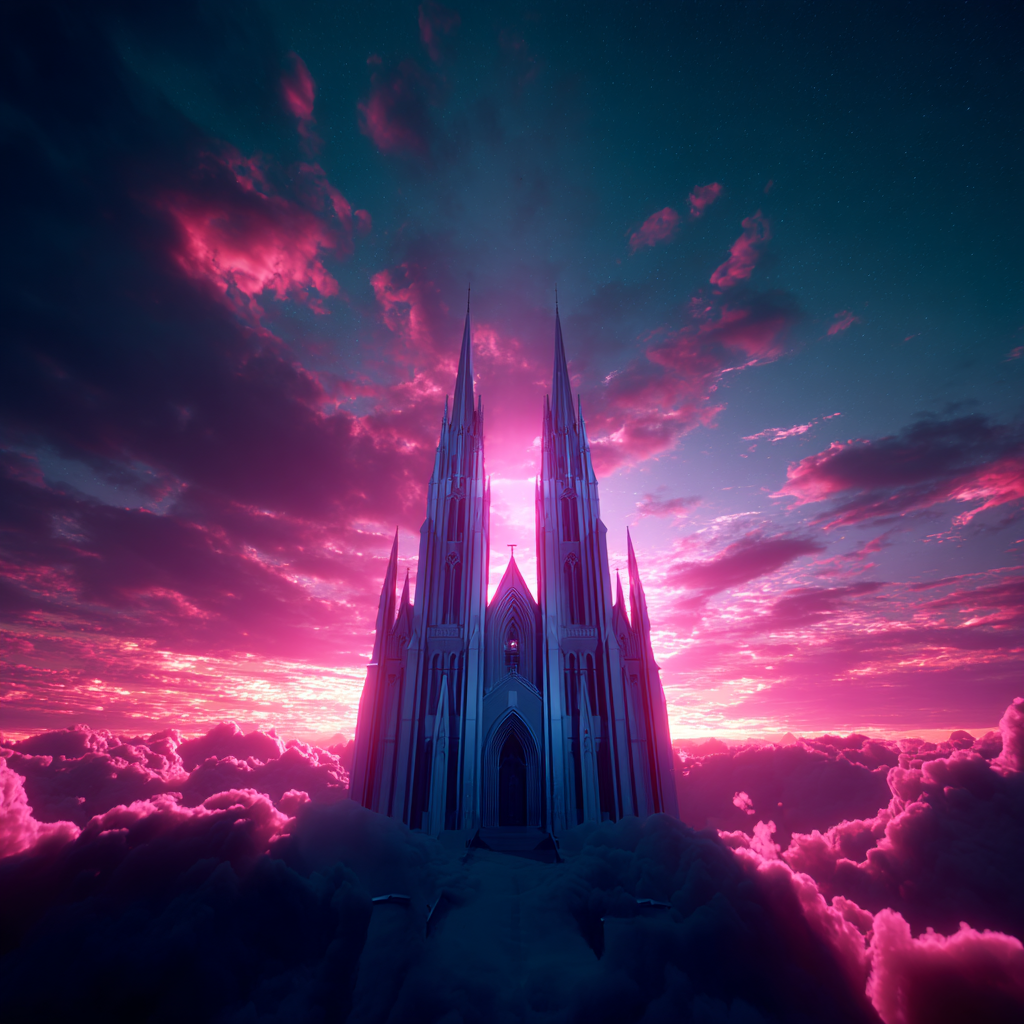 Crystal Cathedral Floating Above Neon Clouds