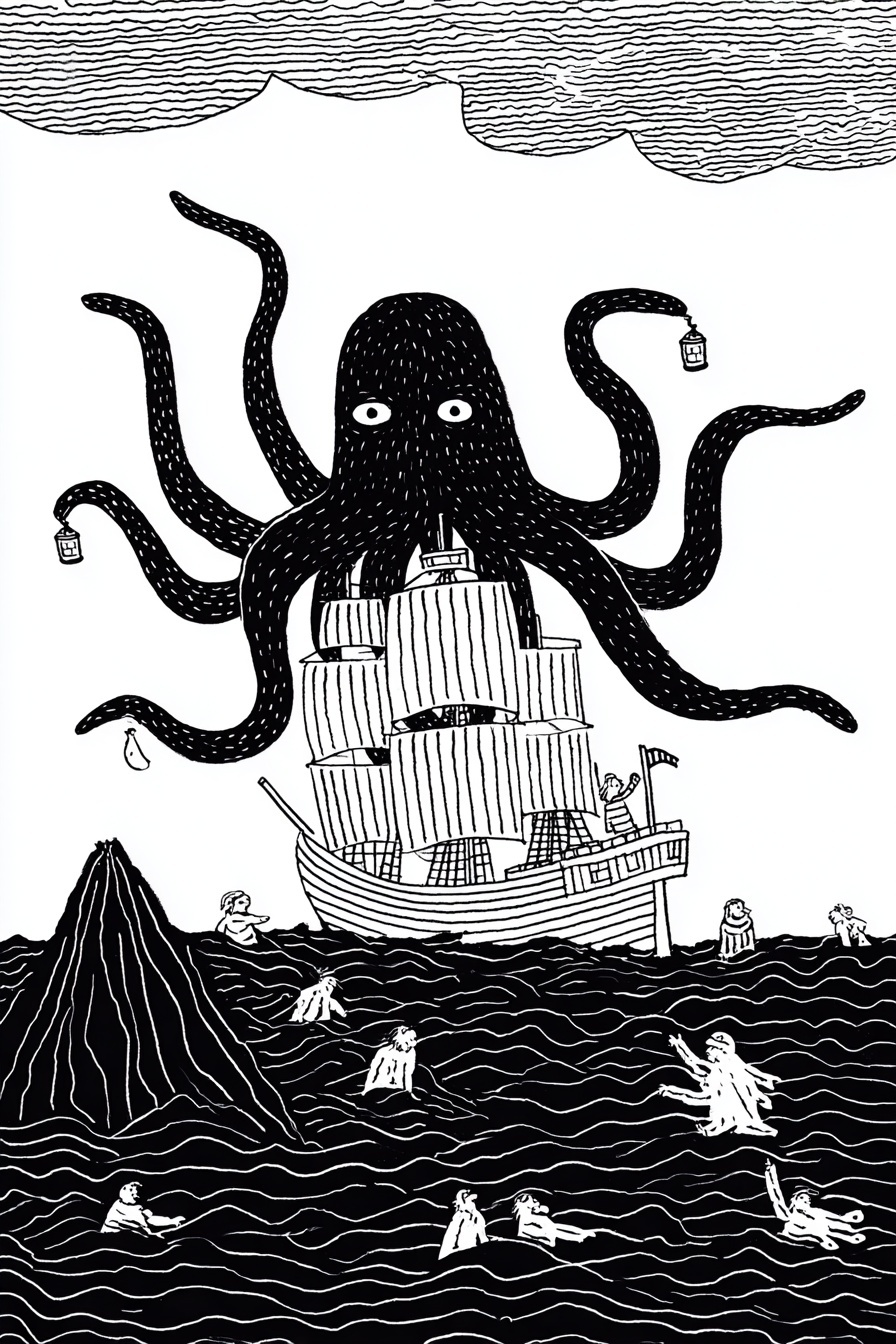 Kraken Dragging a Pirate Ship beneath Stormy Waves