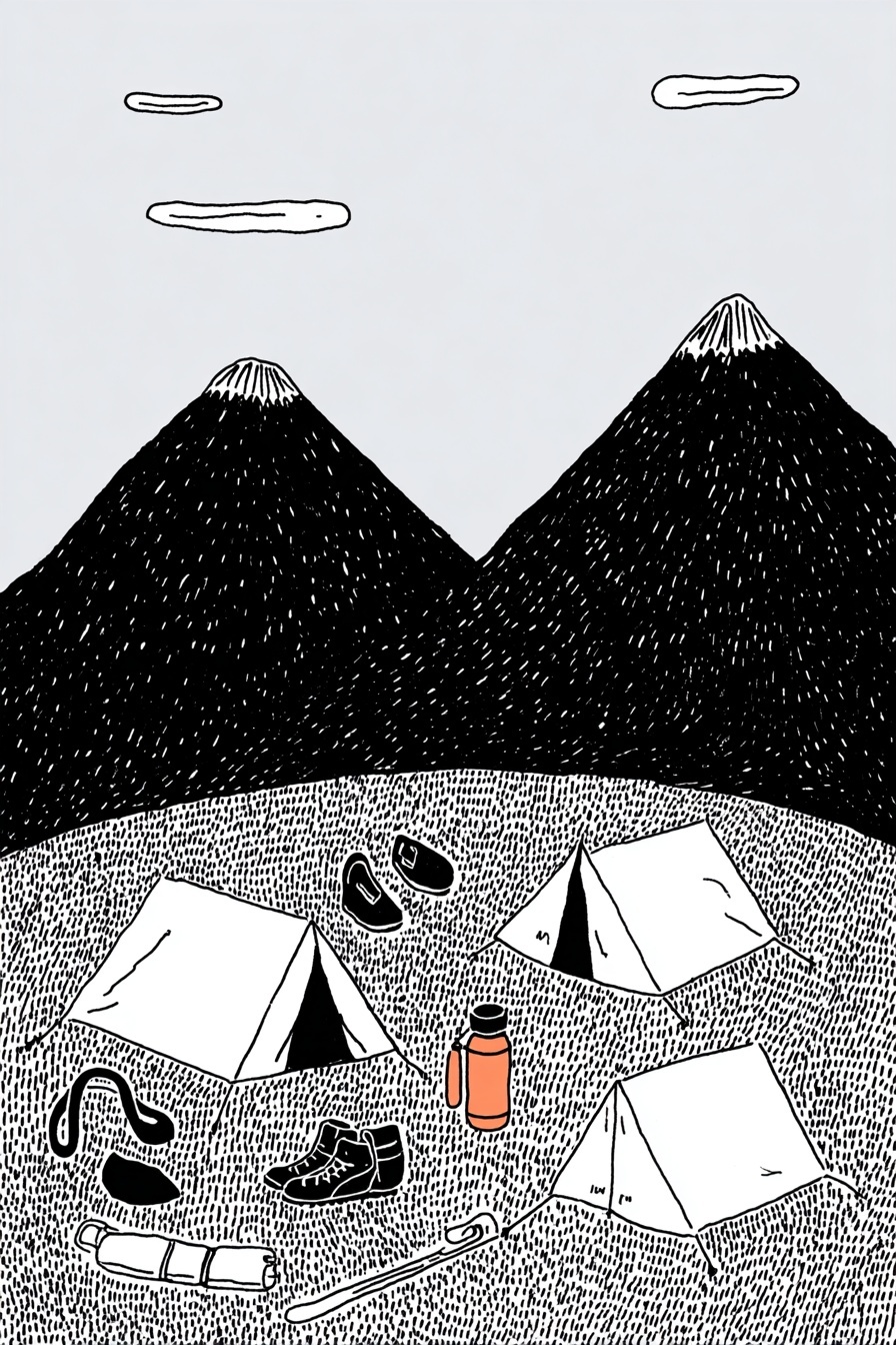 Equipo de expedición montañera en linograbado lila