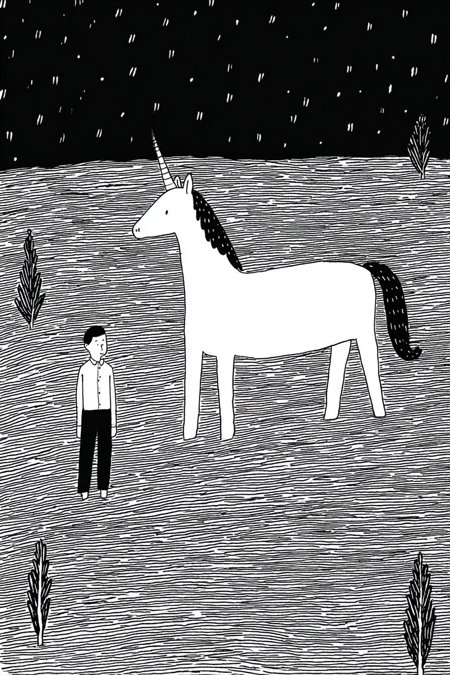 Junge bewacht ein Einhorn, das über Wasser läuft
