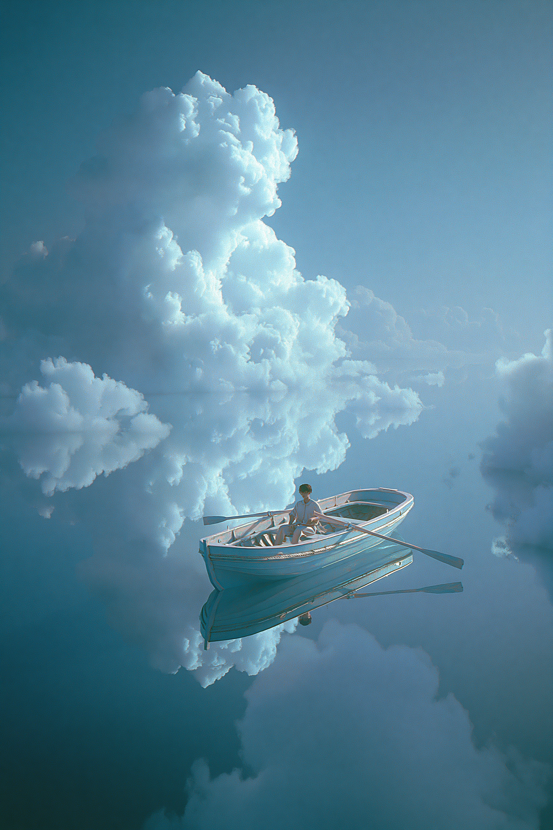 Tiny Boat on Mirror-Like Blue Water